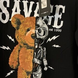 Fashion Nova Black Tee with Bear and Robot Graphic